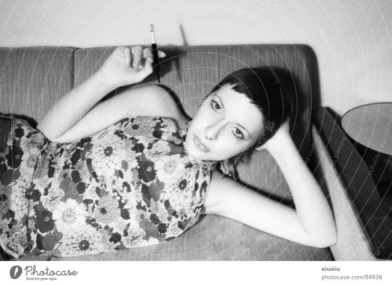 anja Short haircut Flower Woman Retro Cigarette holder Pallid Black & white photo Human being Fuse Smoking