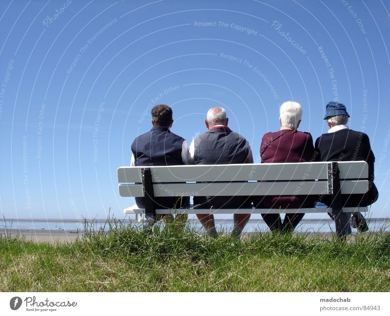 Pensioner couples on a bench in the summer, enjoying their pension and looking forward to the future luck Healthy Health care Life Contentment Relaxation free