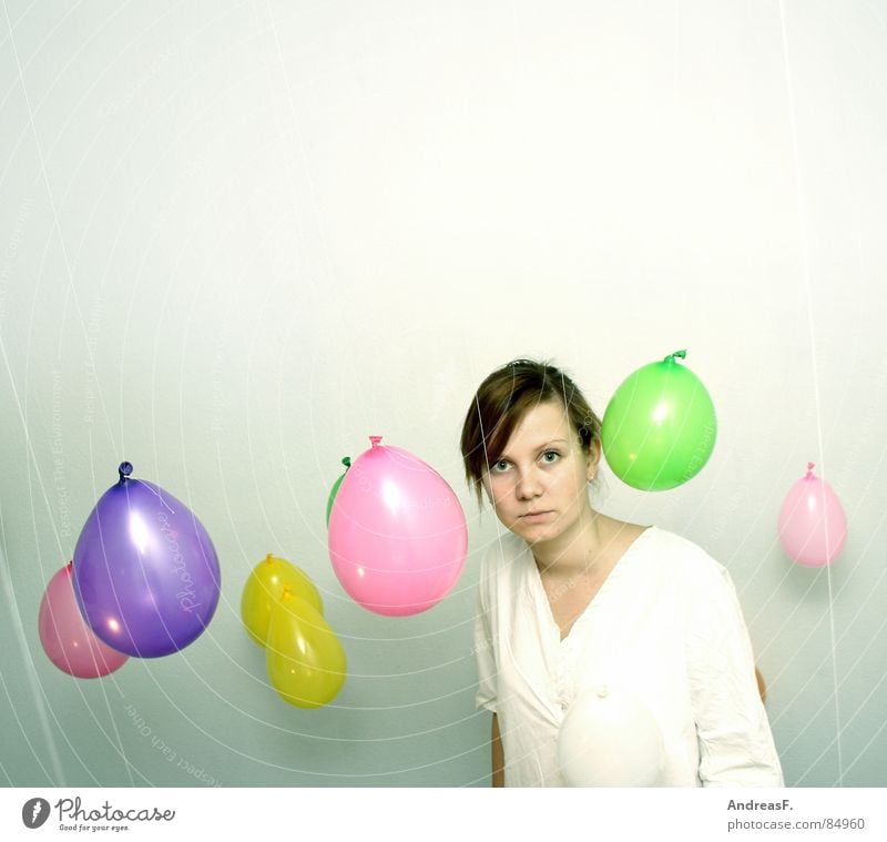 between balloons Balloon Multicoloured White Woman Portrait photograph Marvel Amazed Earnest Colour Looking High-key Bright Bright background Copy Space top