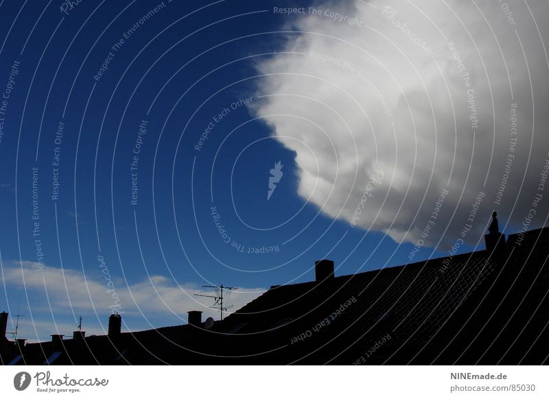 threatening cotton ball I Roof Clouds Black Antenna Sky blue Threat Storm Absorbent cotton Soft White Gray Exterior shot Karlsruhe Spontaneous Force of nature