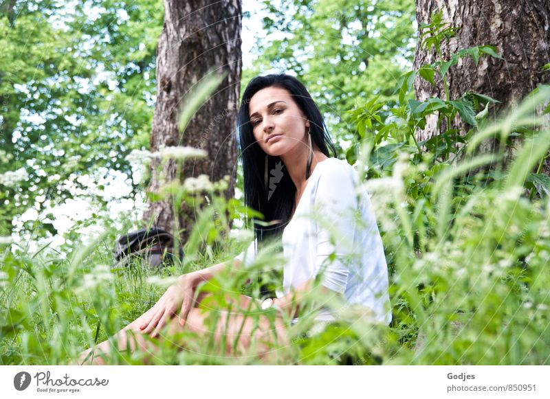 meadow dreaming Human being Feminine Young woman Youth (Young adults) Body 18 - 30 years Adults Black-haired Long-haired Sit Natural Positive Brown Green White