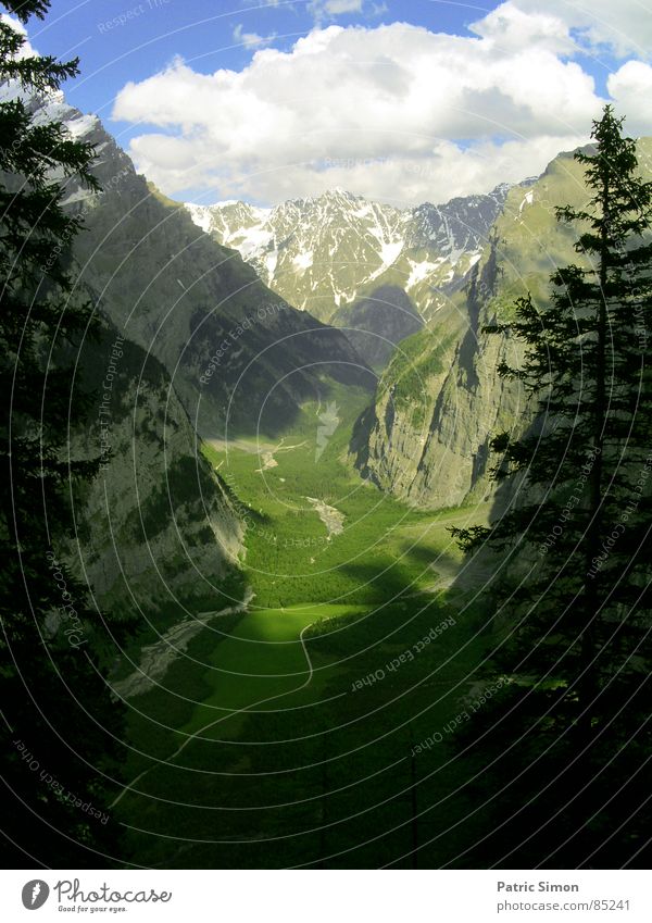 Bergtal in Switzerland Green Meadow Darken Valley floor Sky Shadow Green space Summer Mountain Fir tree mountain valley Lanes & trails Pasture Street Firmament