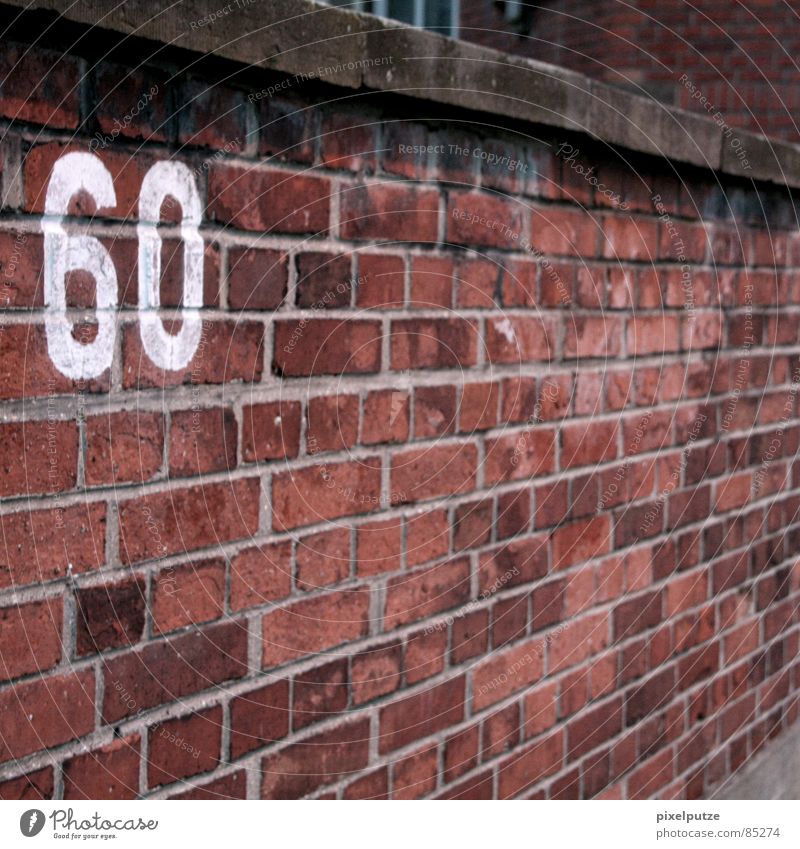 60 Empty Digits and numbers Typography Lettering House number Parking lot Jubilee Wall (barrier) Brick Massive Attach Stability Flat (apartment) Red Square