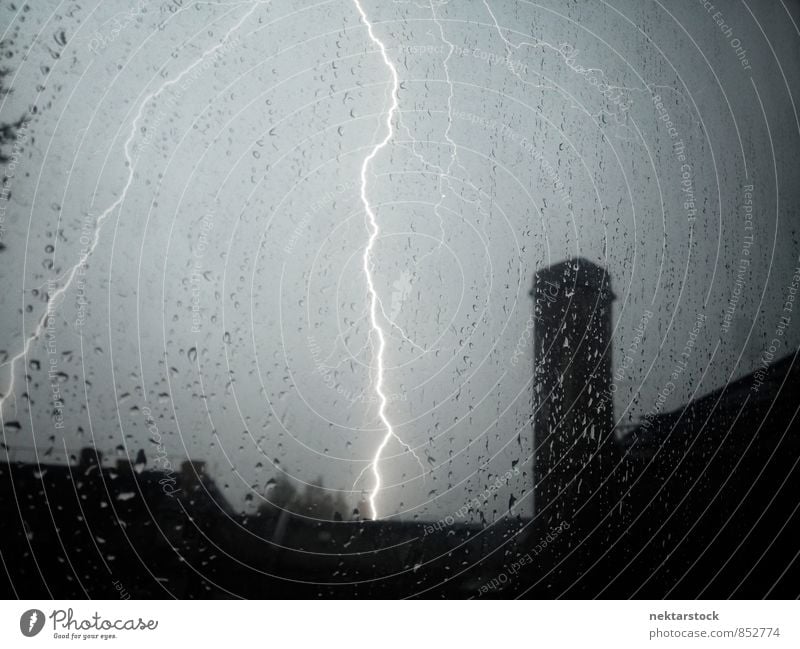 Unstorm with lightnings Summer Bad weather Gale Rain Thunder and lightning Lightning Town Jump Power Margin of a field window thunder house thunderstorm glass