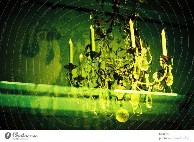 Noble pendants Chandelier Candlestick Green Light Shop window Window Night Store premises Glittering Shadow Electric bulb Flash Lomography Crystal structure