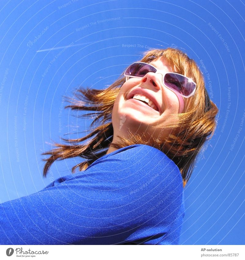 sky blue Well-being Woman Grinning Spring Sky blue Sunglasses Spring fever Emotions Airplane Jet Style Federal State of Tyrol Spirited Diagonal Sunbathing