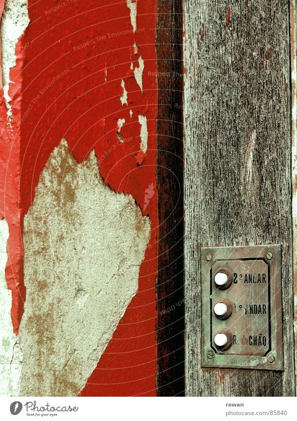 drrrrring! Name plate Wood Gray Wall (building) Dirty Red Flake off Buttons Decline Disregard Grief Desolate Shabby Paintwork Rustic Bell Decompose Entrance