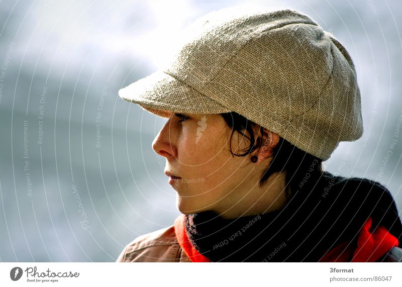 profile Calm Portrait photograph Woman Cap Back-light Face Familiar Baseball cap Blur Mouth Earring Freedom Near Perspective Snapshot