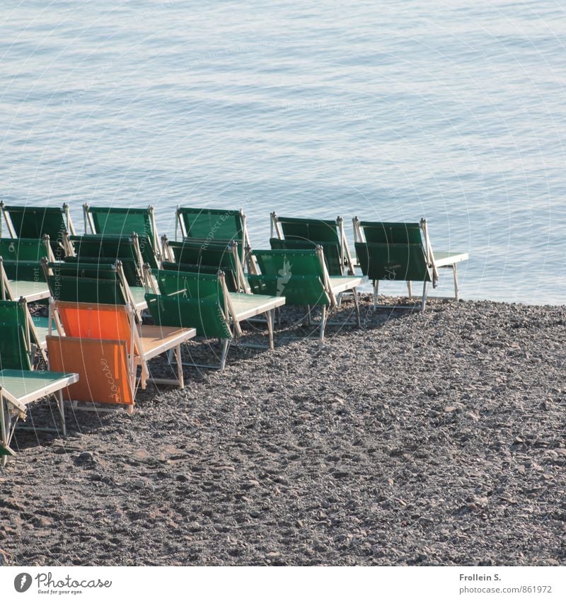 individual tours Mass tourism Vacation & Travel Tourism Summer vacation Sunbathing Beach Ocean Chair Water Folding chair Deckchair Row of seats Sand Maritime