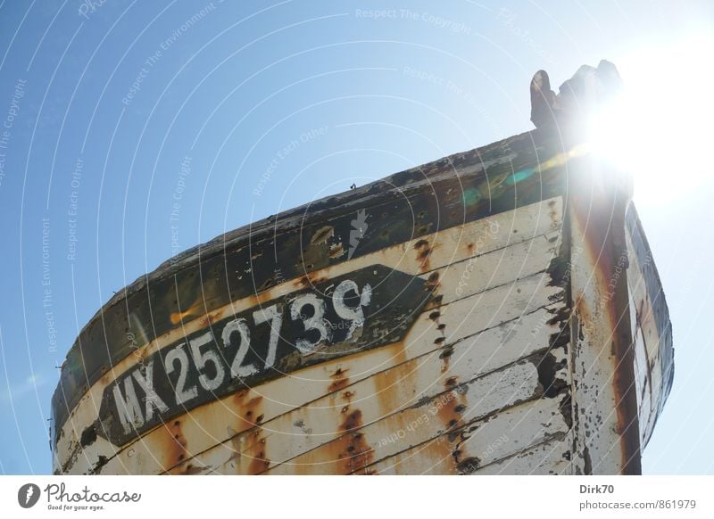 Never again at sea Fishery Cloudless sky Sun Sunlight Summer Beautiful weather Ocean English Channel Atlantic Ocean Navigation Fishing boat Sailboat Rowboat Bow