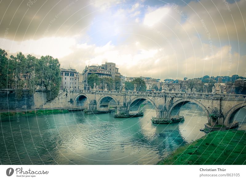 View of the Tiber River in Rome Elegant Style Summer Summer vacation Aquatics Architecture Environment Water Storm clouds Weather Wind Grass Moss River bank