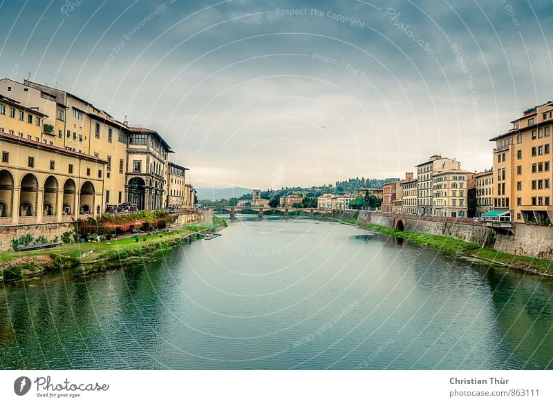 Florence River Arno Vacation & Travel Tourism Trip Sightseeing Sun Water Clouds Summer Beautiful weather Grass River bank Italy Europe Town Old town