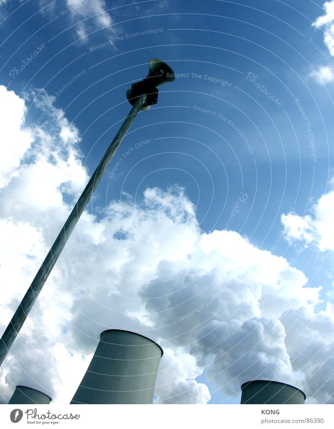 esteem Worm's-eye view Megaphone Loudspeaker Alarm Sky Clouds Warning signal Weather Industry Power Force a la rodschenko Tower Steam Blue sky Respect