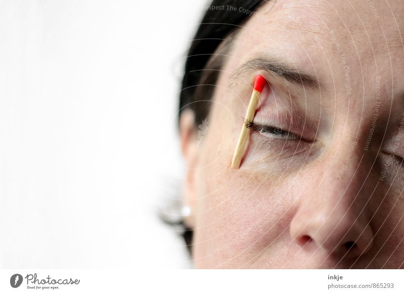 Closeup tired half-closed eye with match to keep it open Woman Adults Life Face Eyes 1 Human being 30 - 45 years Match Make Sleep Wait Funny Emotions Moody