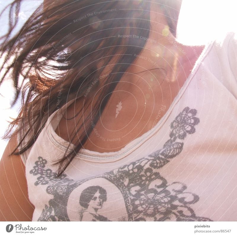 windswept Airy Pink Top Brunette Chin Beautiful weather Hair and hairstyles Upper body Gust of wind Summer Woman Neck shirt T-shirt hair in the wind long hair