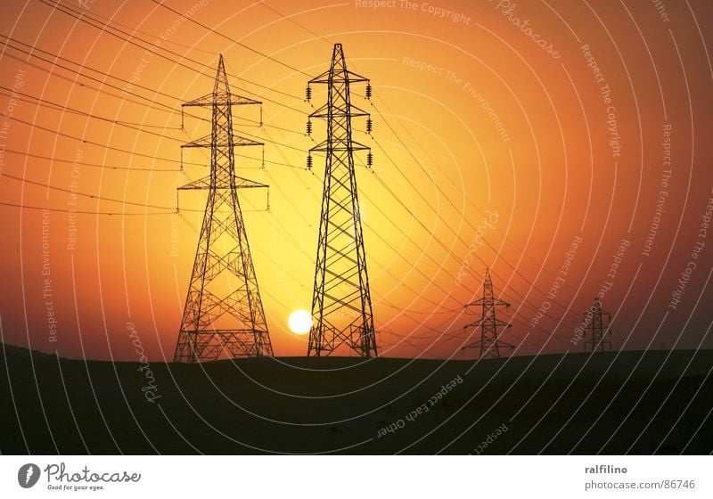 Sunset and Energy High voltage power line Electricity pylon Emotions Transmission lines Energy industry Evening Industry Dusk