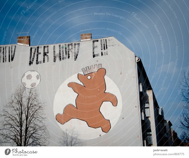 Bear does not kick anymore Foot ball Illustration Comic Sky Winter Schönhauser Allee Prenzlauer Berg Fire wall Landmark Word Berlin Bear Retro Enthusiasm