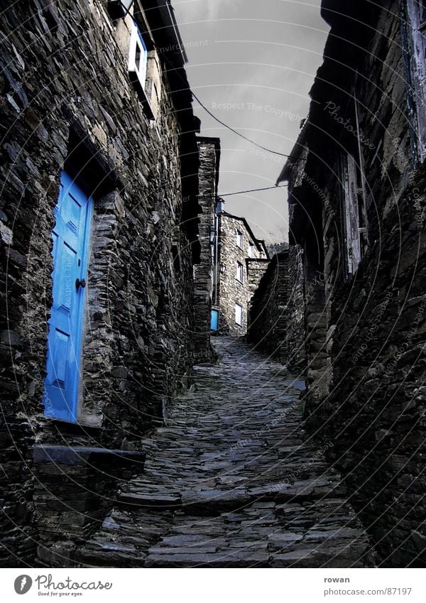 Piódão Stone path House (Residential Structure) Massive Wood Gray Heavy Fieldstone house Incline Bad weather Window Alley Narrow Mystic Past Loneliness