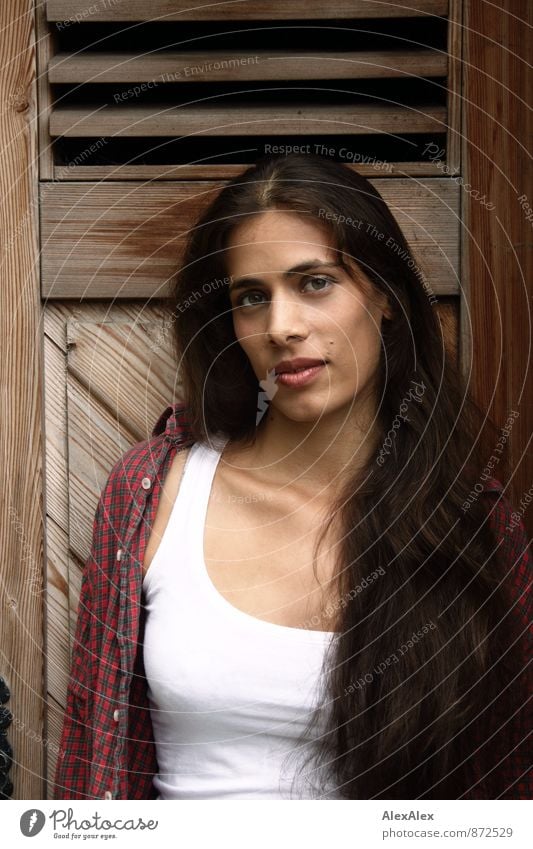 Portrait of a young beautiful woman with dimples and long hair in front of a wooden door Young woman Youth (Young adults) Face 18 - 30 years Adults Shirt