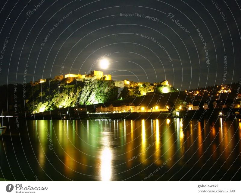 Ehrenbreitstein at night Koblenz Germany Rhineland-Palatinate Night Exposure Long Light Army Monument Glimmer Mosel (wine-growing area) Electricity Refraction