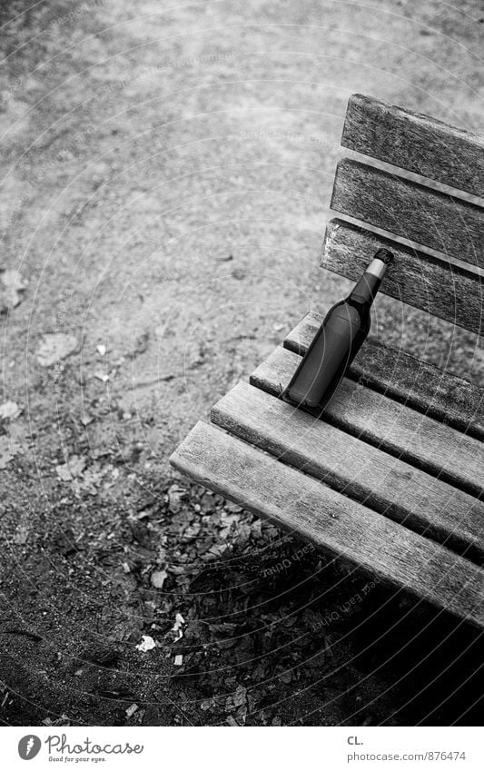 bottle of beer Beverage Drinking Alcoholic drinks Beer Bottle Bench Gloomy Alcoholism Empty Black & white photo Exterior shot Deserted Day