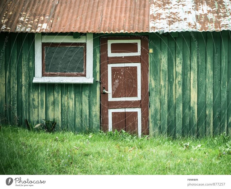 hut Hut Window Door Small Wooden board Wooden hut Norway Corrugated sheet iron Colour photo Subdued colour Copy Space right Copy Space top Copy Space bottom Day