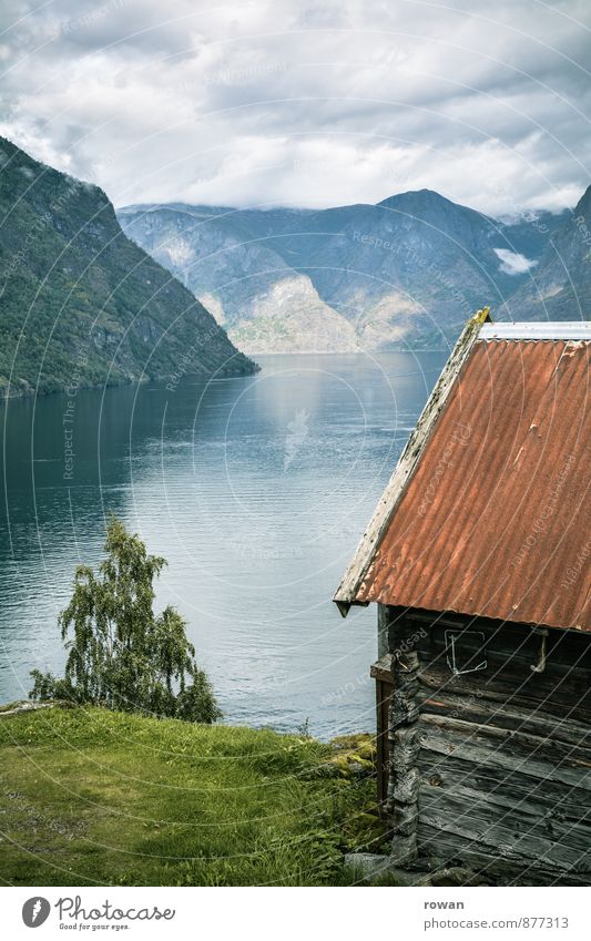 fjord Nature Landscape Weather Beautiful weather Coast Bay Fjord Ocean Dream house Hut Idyll Norway Vacation in Norway Relaxation Vacation & Travel Wooden house