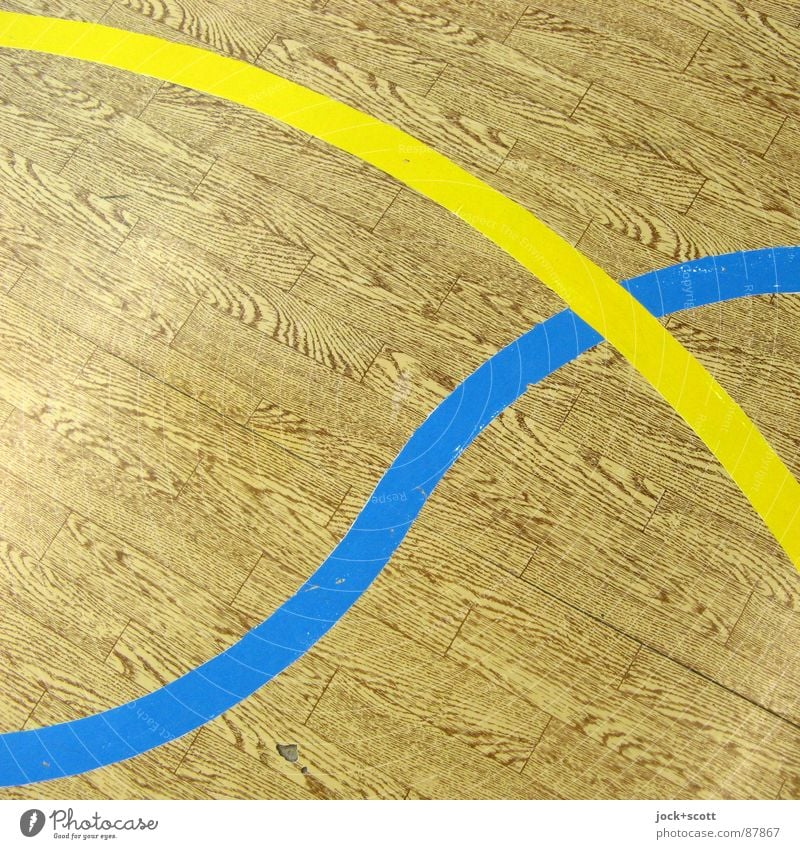 blue / yellow, lines on imitation wood Line Cross Playing field Meeting point Second-hand Line width Connect Curve Axle Arch GDR PVC Imitation wood Detail
