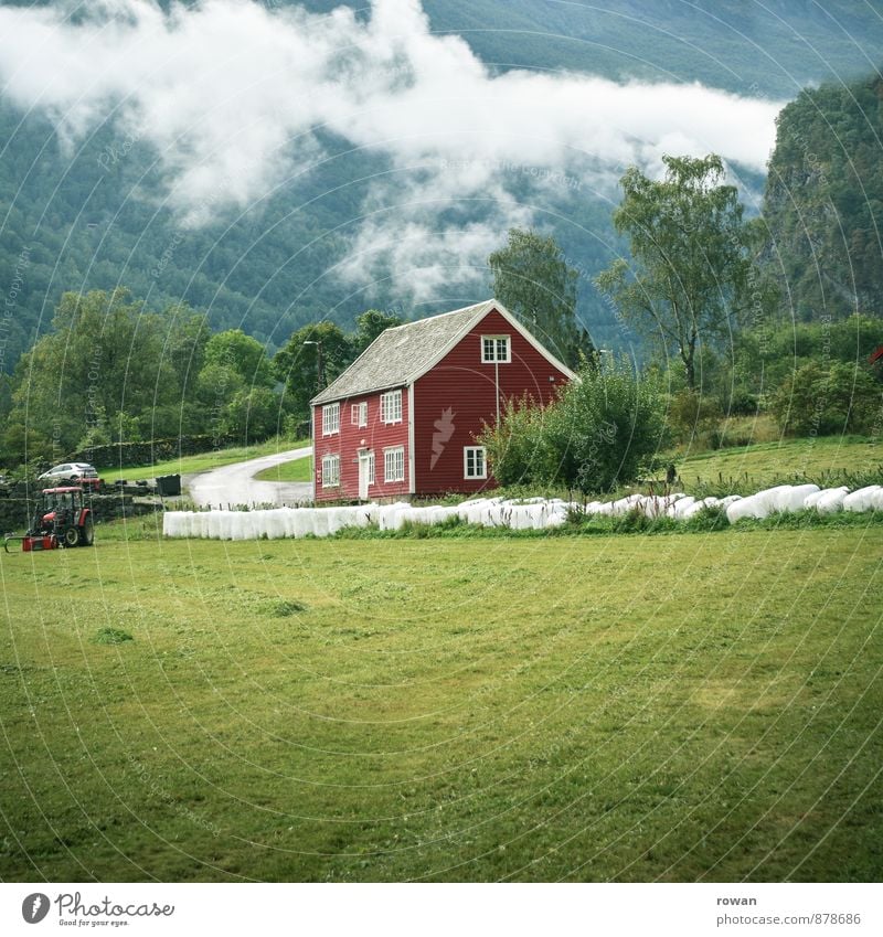 Red House Environment Nature Landscape Clouds Meadow Field House (Residential Structure) Detached house Dream house Norway Tractor Country life Agriculture Old