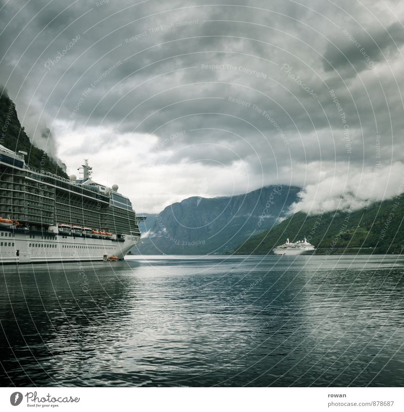 fjord Nature Landscape Storm clouds Forest Relaxation Cold Green Vacation & Travel Fjord Norway Vacation in Norway Trip Cruise liner Ocean Subdued colour