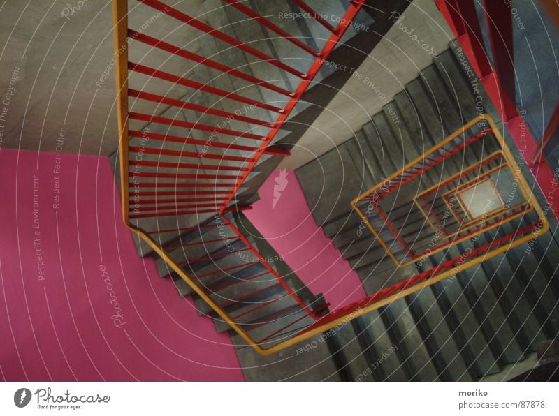 Stairs up, stairs down,... Staircase (Hallway) Red Pink Gray Brown Wood Banister Rectangle Go up Climbing To board Ascending Descent Spiral Vertigo Modern Deep