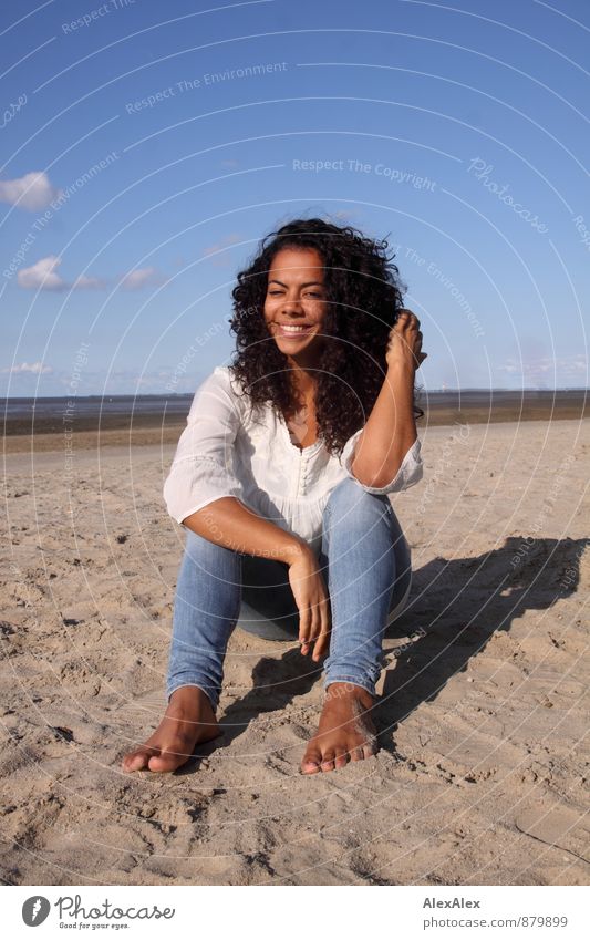 Day at the sea Trip Summer Beach Young woman Youth (Young adults) Barefoot 18 - 30 years Adults Beautiful weather Mud flats Jeans Blouse Black-haired