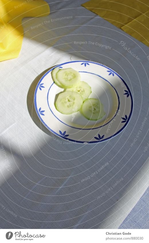 Good cucumbers Food Nutrition Organic produce Vegetarian diet Crockery Plate Wellness Senses Relaxation Calm Yellow White Cucumber Slices of cucumber Tablecloth