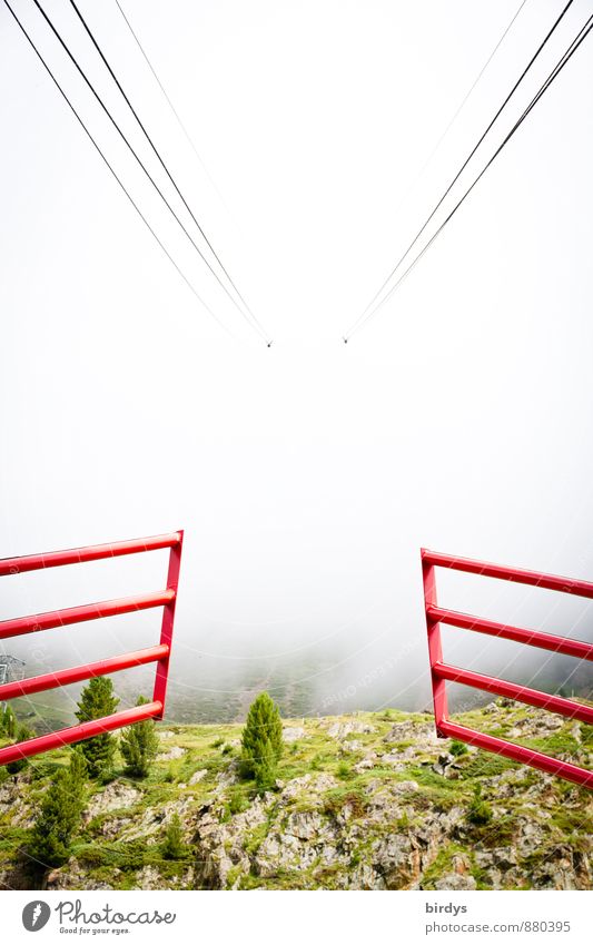Gondola ride into the unknown Cable car Barrier Gate Nature Spring Summer Autumn Fog Wild plant Mountain Steel cable Esthetic Exceptional End Crisis Risk