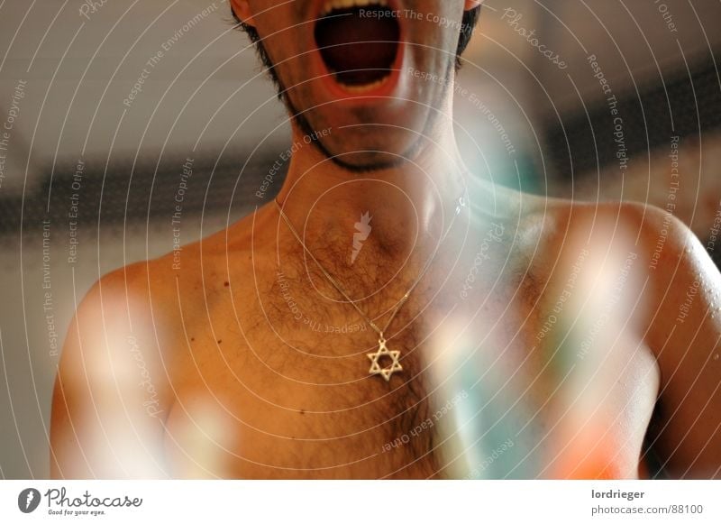 No title Star of David Toothache Cosmopolitan Scream Israeli Religion and faith Mirror Light Torso Art Hairy chest Pierce Mirror image Sharp pain Judaism