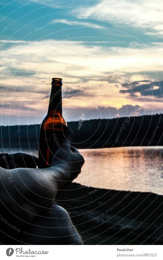 Cold beer on summer lake Beer Bottle Freedom Summer Relaxation Drinking Sky Sunrise Sunset Lake Sit Infinity Warmth Contentment Leisure and hobbies To enjoy