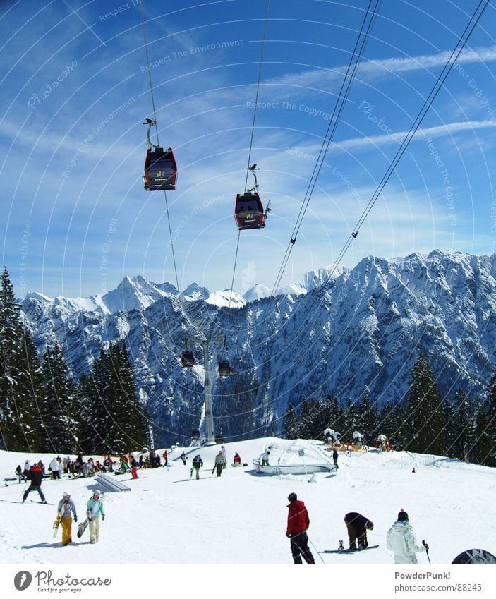 Fellhorn Funpark Tourism Winter Snow Mountain Winter sports Ski run Landscape Sky Clouds Snowcapped peak Ski lift Blue Oberstdorf Chair lift Snowboarder