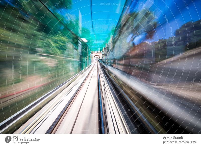 mission impossible Barcelona Means of transport Passenger traffic Train travel Rail transport Railroad Railroad tracks Driving Far-off places Speed Town Blue