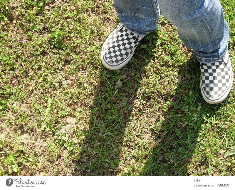 shadow plays Delivery truck Grass Footwear Checkered Green Brown Meadow Leisure and hobbies Playing Autumn Feet Shadow Jeans Earth Floor covering Dirty Legs