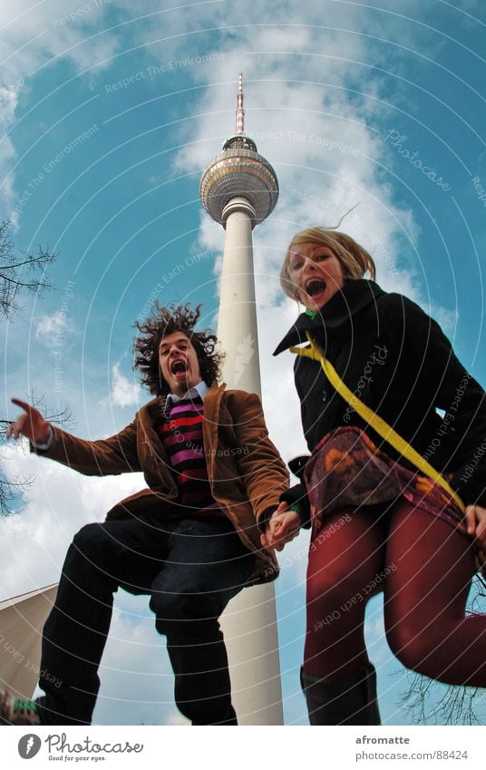 jumping tower Young woman Youth (Young adults) Young man Couple 2 Human being 18 - 30 years Adults Youth culture Sky Berlin TV Tower Capital city