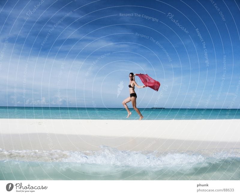 beach run#1 Beach Ocean Vacation & Travel Woman Jump Hop Bikini Maldives India Beautiful Sun Walking Joy Water Weather Clarity Bright Romance