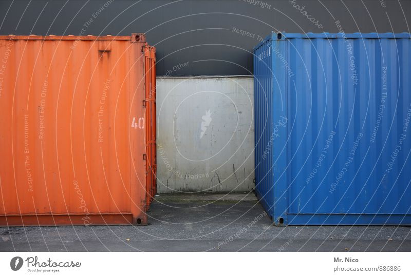 The duel | UT Cologne Workplace Blue Orange Container Logistics Opposite Gap 40 Technology Transport Metal Steel Abstract Industrial site Harbour Shipping