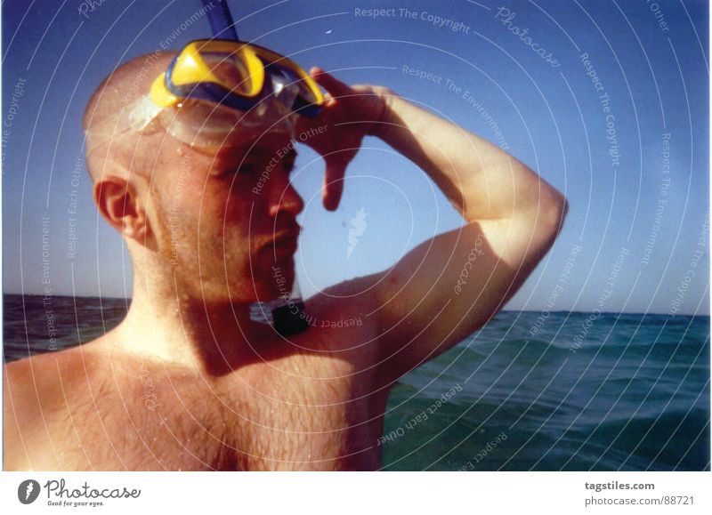 Yes, sir! Snorkeling Diving equipment Egypt Hurgahada El Gouna Diving goggles Ocean Salute Ahoy Hairy chest Beach Waves Horizon Absurdity Man Red Sea Sun Joy