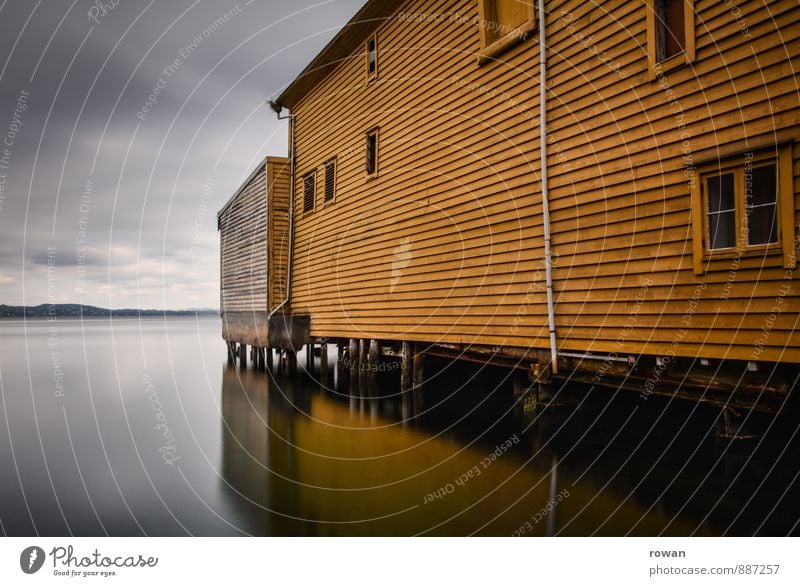 yellow Ocean Lake House (Residential Structure) Manmade structures Building Architecture Facade Window Calm Wooden house Norway Reflection Boathouse Harbour