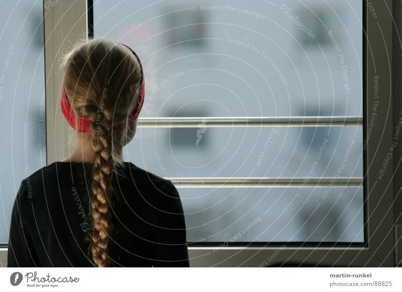 vision 2050 Girl Window Braids Red Gray Black Headband Loneliness Child Emotions Back Looking View from the window lonely girl red stringband View from a window