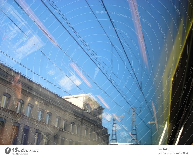Air draft III Railroad Reflection Window Speed House (Residential Structure) Town Electricity Industry Bridge Electricity pylon Sky