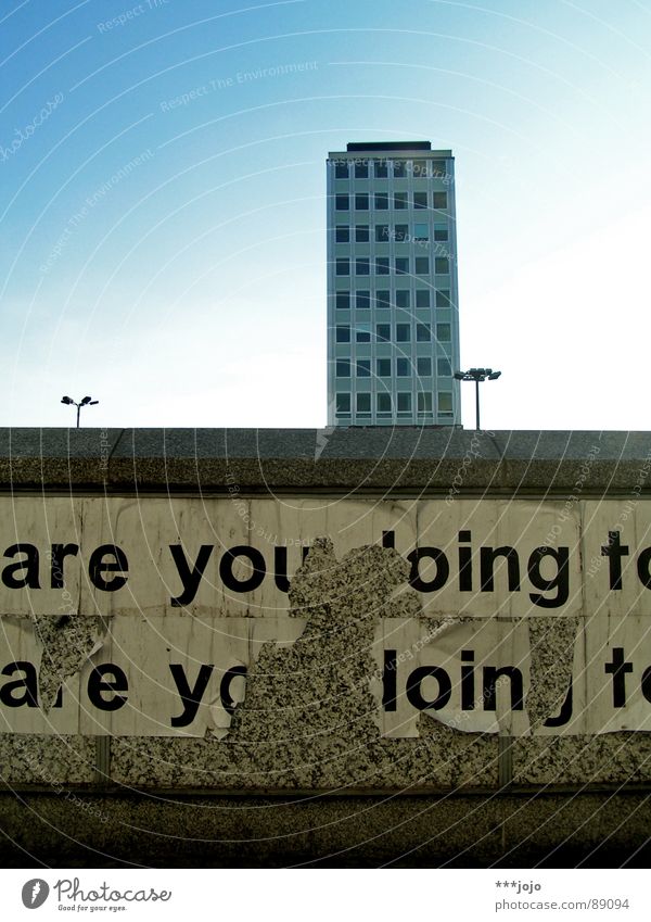 are you boing? Alexanderplatz High-rise Lantern Letters (alphabet) Typography Wall (barrier) Gloomy Block Town Geometry Sharp-edged GDR Berlin East Characters