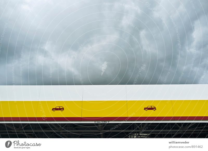 Canopy in yellow, red and white with cloudy sky Sky Storm clouds Manmade structures Building Architecture Roof Yellow Gray Red Refuel Car Petrol station
