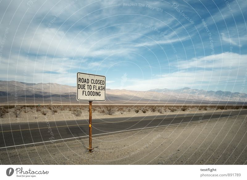 reference Environment Nature Plant Clouds Desert Death valley Nationalpark Transport Traffic infrastructure Street Logistics Road sign High tide Warn Safety Dry