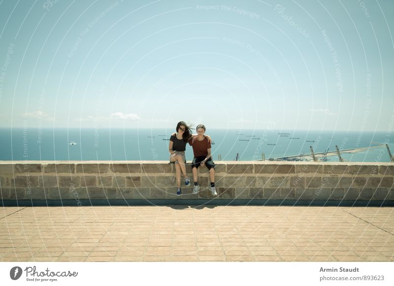On the wall Lifestyle Summer vacation Human being Masculine Feminine Youth (Young adults) 2 13 - 18 years Child Landscape Sky Ocean Barcelona Port City Castle